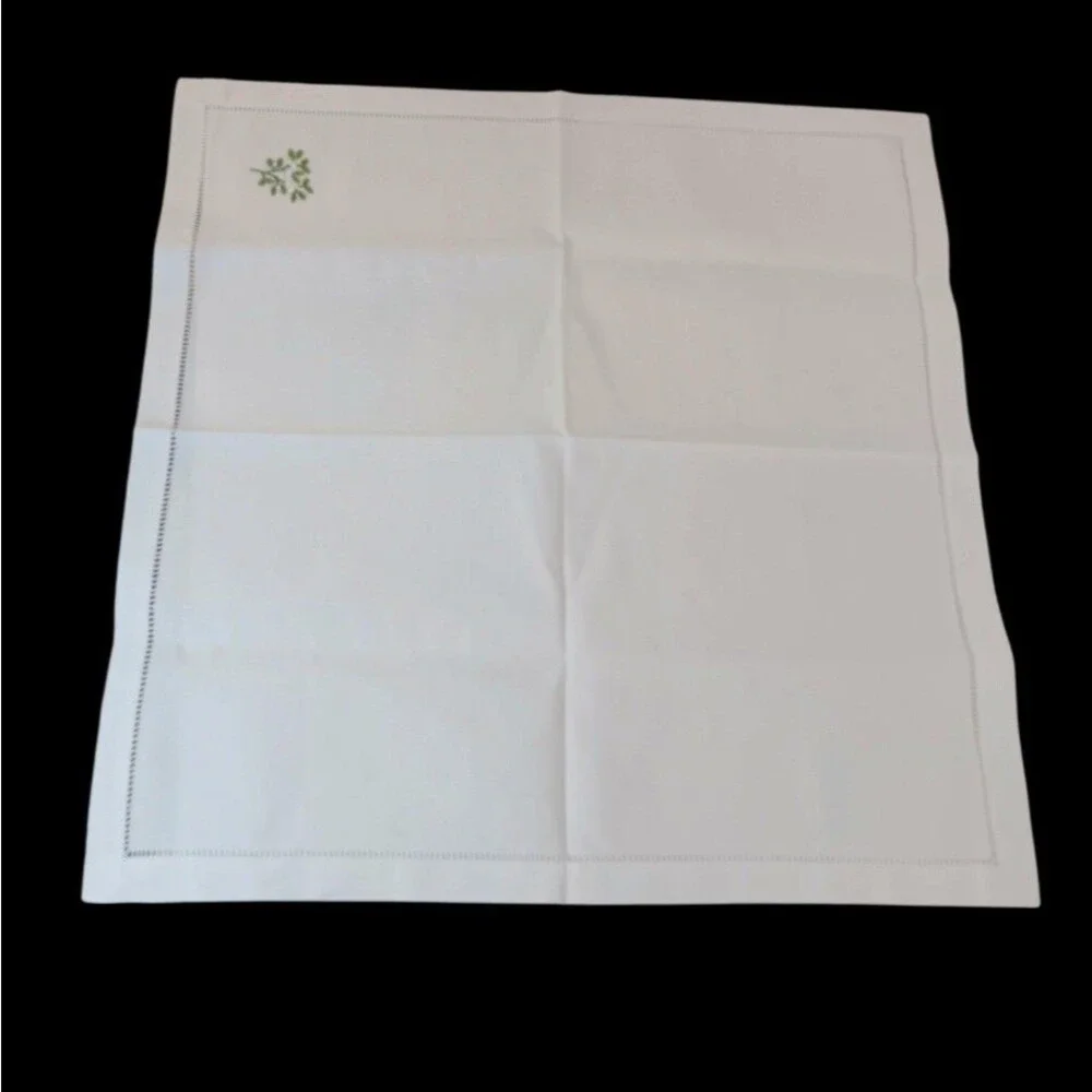 Hemstitch White Cotton Napkins With Bird And Flower Embroidered Set Of Two 19.5